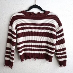 Daytrip Striped Distressed Crop White and Brown Sweater